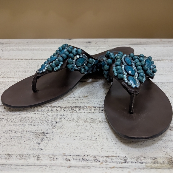 Carlos Sandals Flip Flops Teal Beading Rhinestones Flat by Santana size 9 - Picture 4 of 4